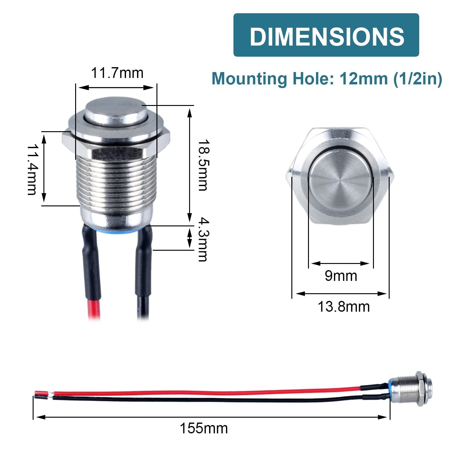 5 Pcs 12mm 12v Momentary Push Button Switch Waterproof Push Button Switch Round