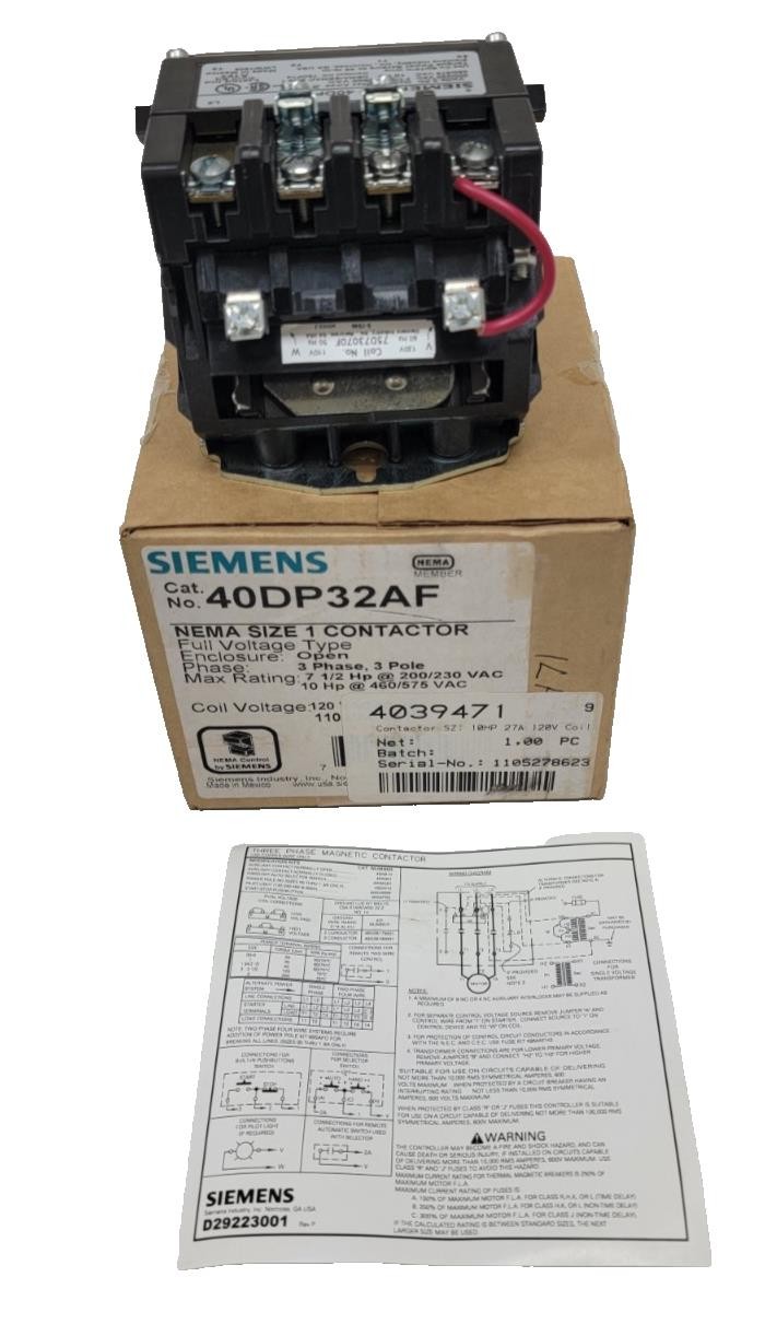 New Siemens 40DP32AF NEMA Size 1 Contactor 120V-AC 27A 10HP D648188