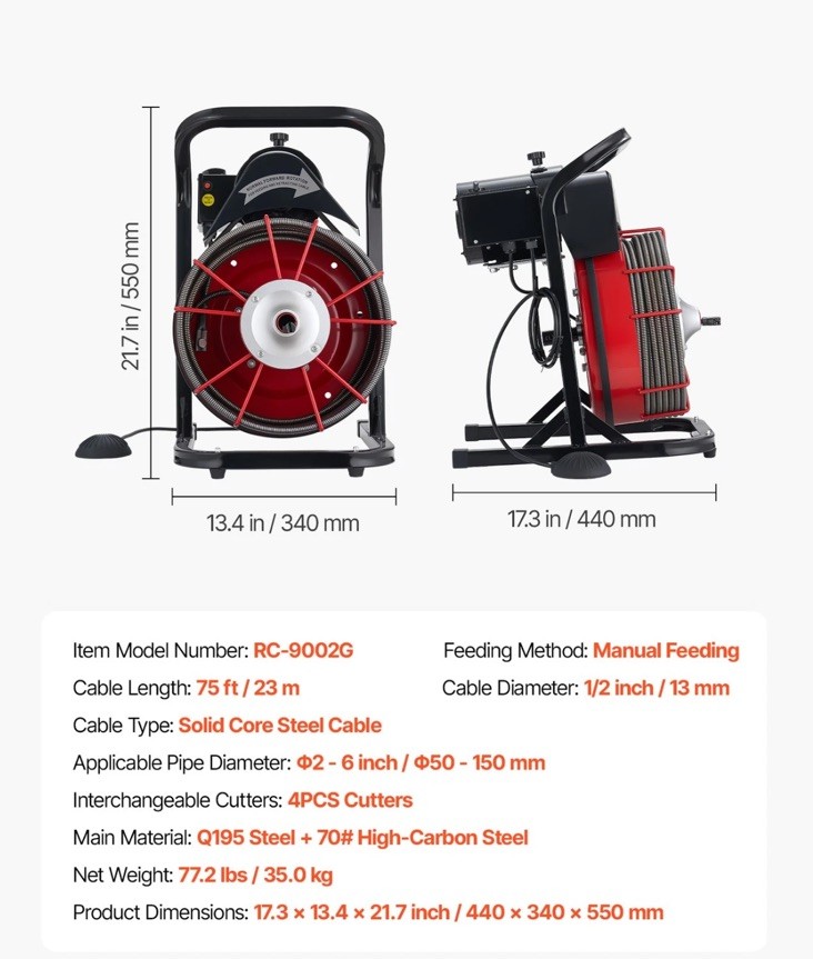 VEVOR Drain Cleaner Machine Drain Auger 75FT x 1/2 Inch Manual Feed & 4 Cutters