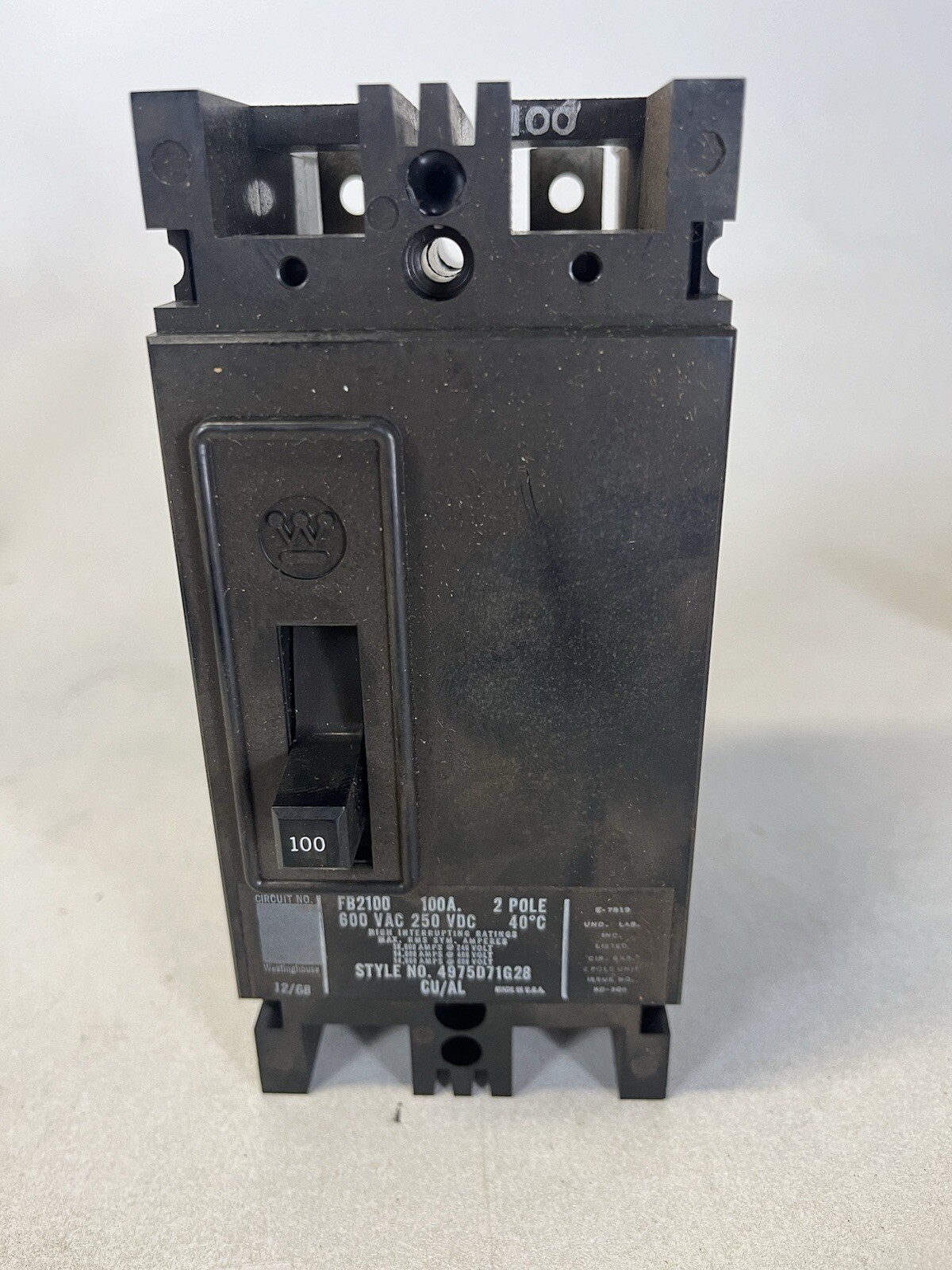 Westinghouse FB2100 Circuit Breaker 2-Pole 4975D71G28 600 VAC 250 VDC