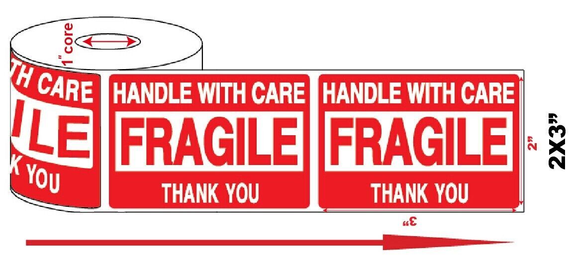 1 Roll 500 2 x 3 FRAGILE HANDLE WITH CARE Stickers Labels