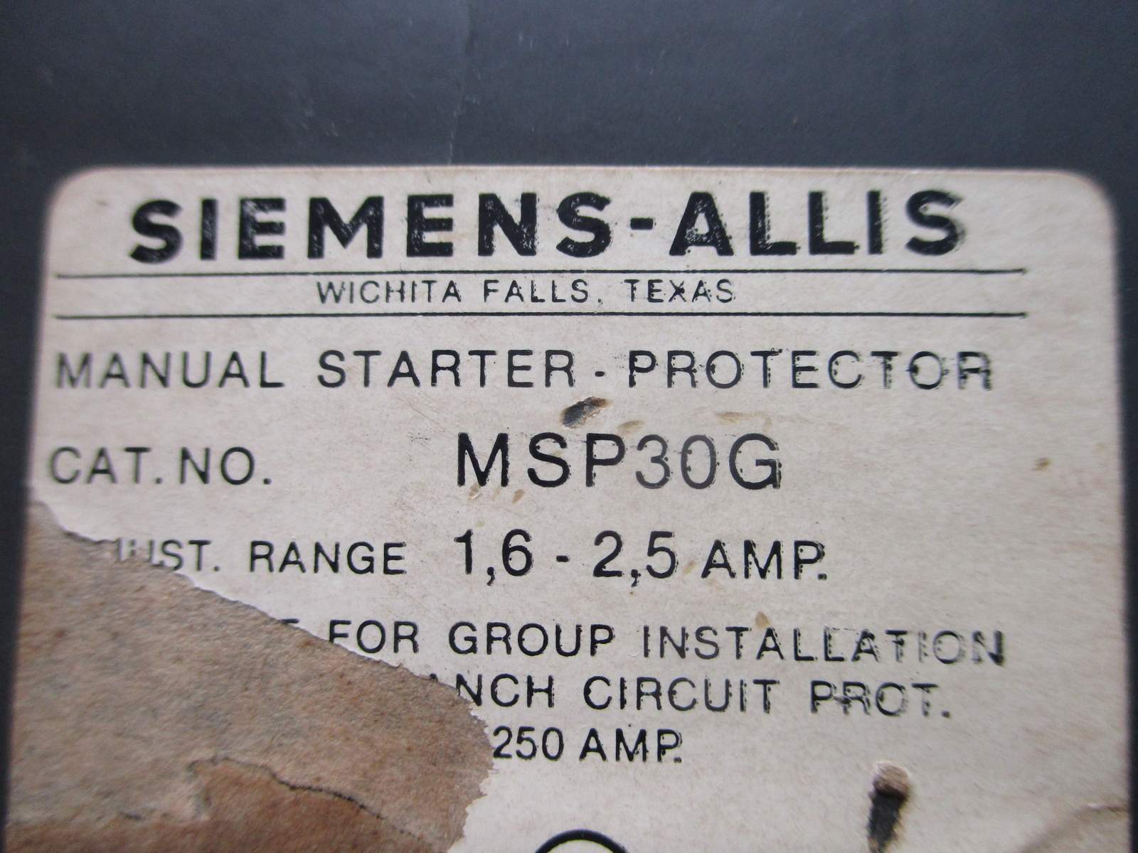 SIEMENS MSP30G STARTER MOTOR PROTECTOR 1.6-2.5AMP NSNP