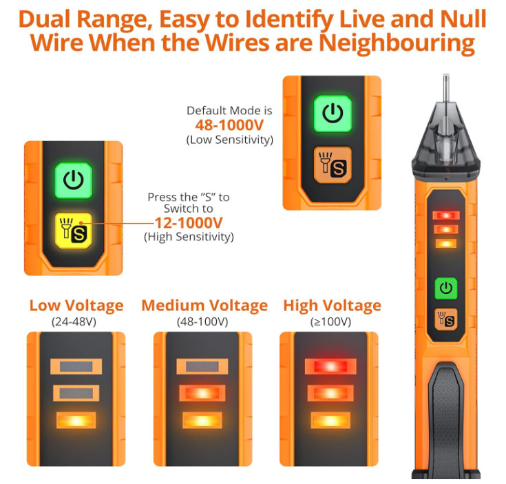 Detector de voltaje sin contacto ajustable de 12-1000 V o 48-1000 V, con tres ni