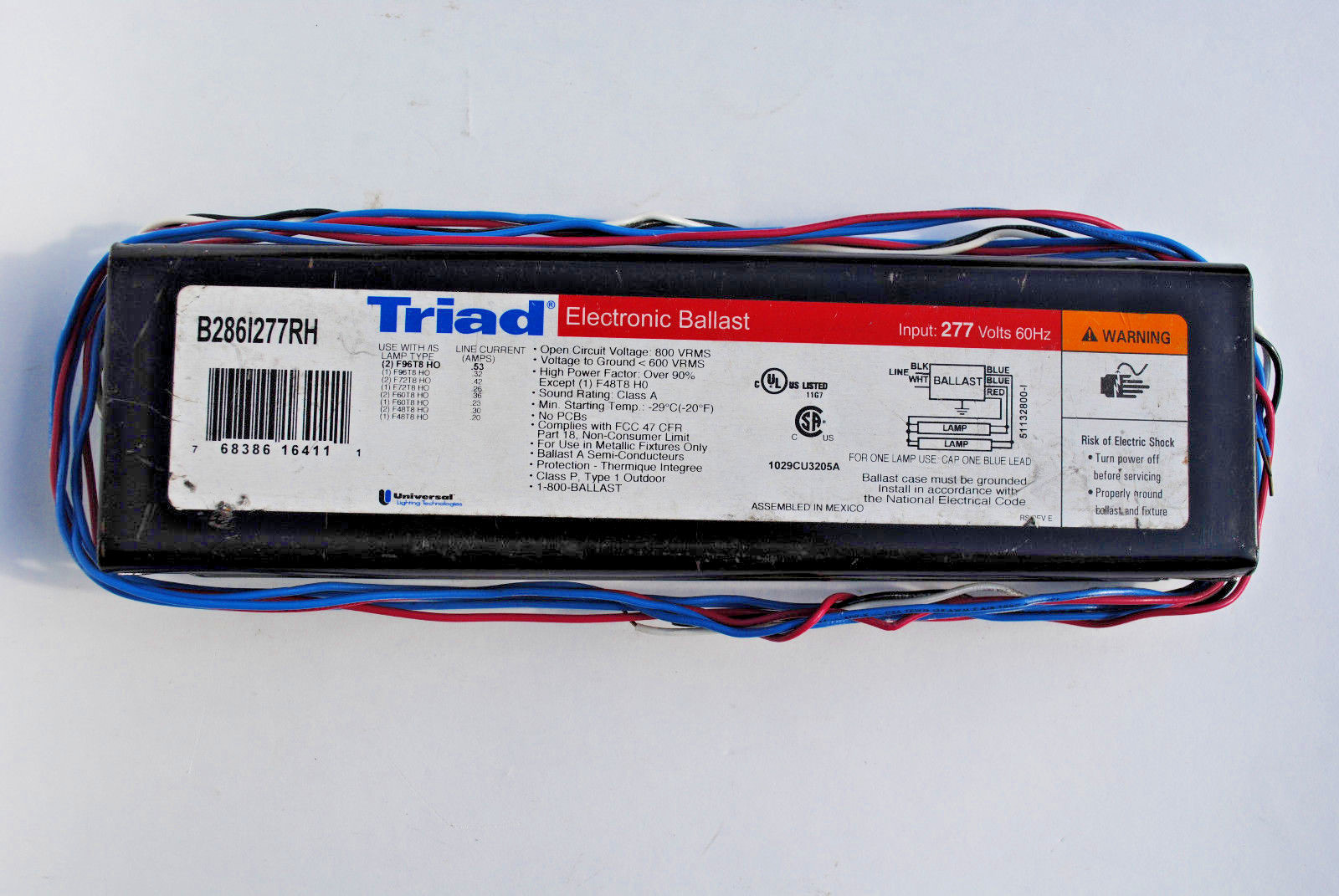 1 Pc Universal Triad B286I277RH Electronic Ballast 277V for 1-2 F96T8 HO Lamps