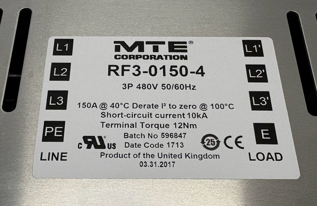 MTE RF3-0150-4 3 Wire RF3 Series Filter RFI/EMI, 3-PH, 150A, 480Vac, 50/60Hz