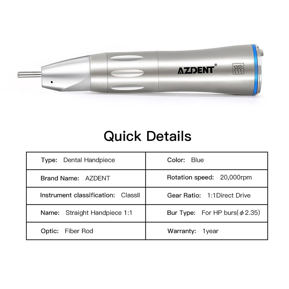 AZDENT Dental Optic Fiber LED Low Speed Handpiece 1:1 Straight Inner Water Spray