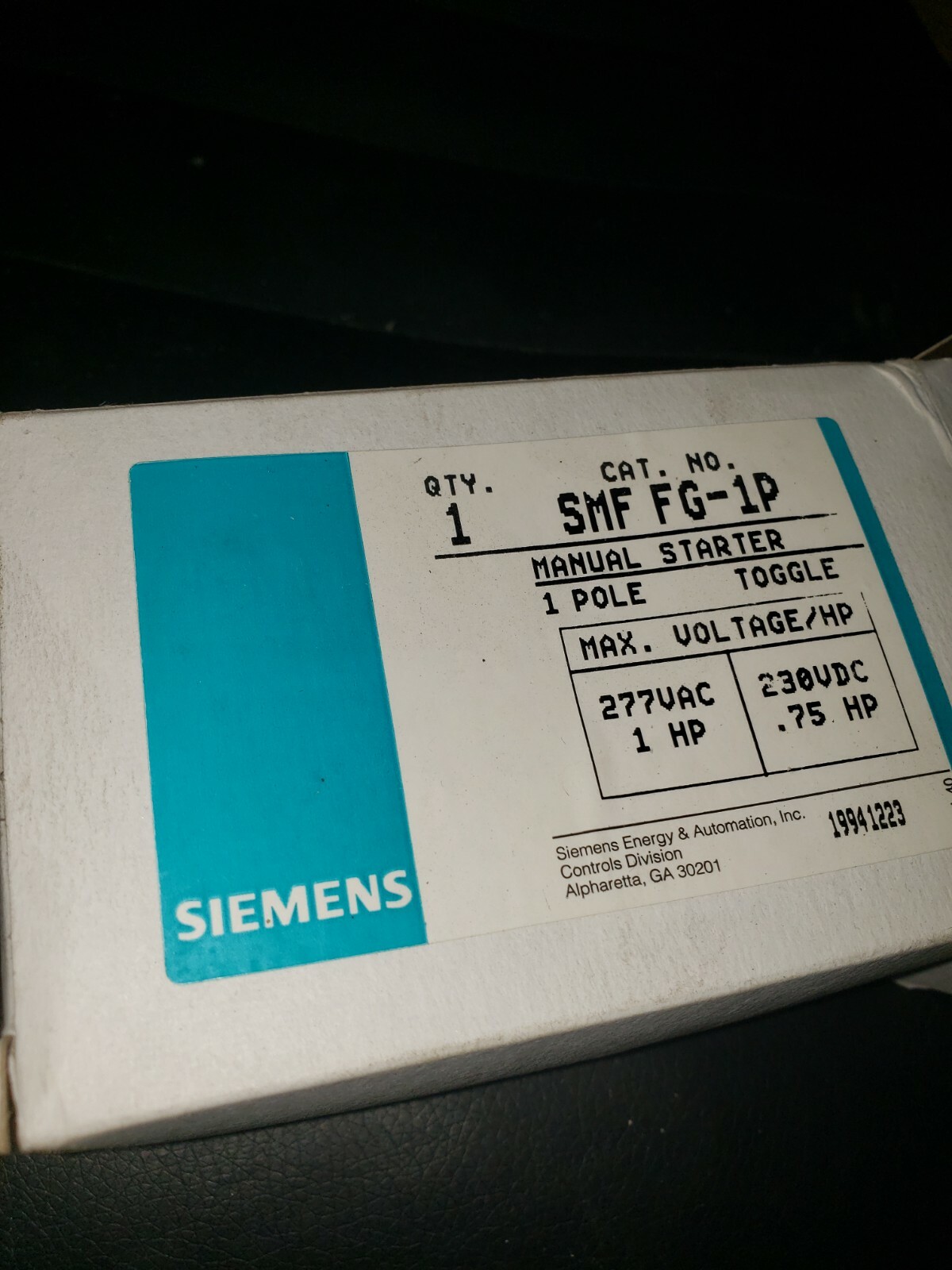 Siemens SMF-FG1P Single 1 Pole Manual Motor Starter Toggle Switch