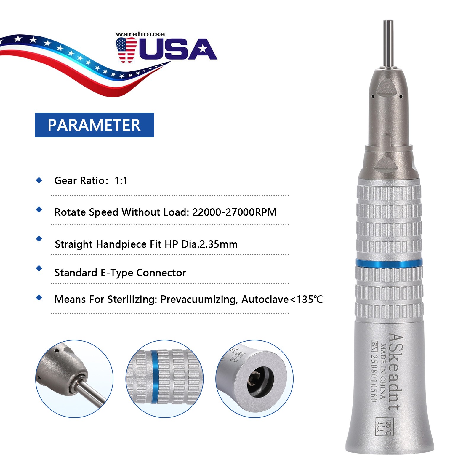 YX Dental Straight Nosecone Low Speed Handpiece E-type fit NSK Air Motor ORT