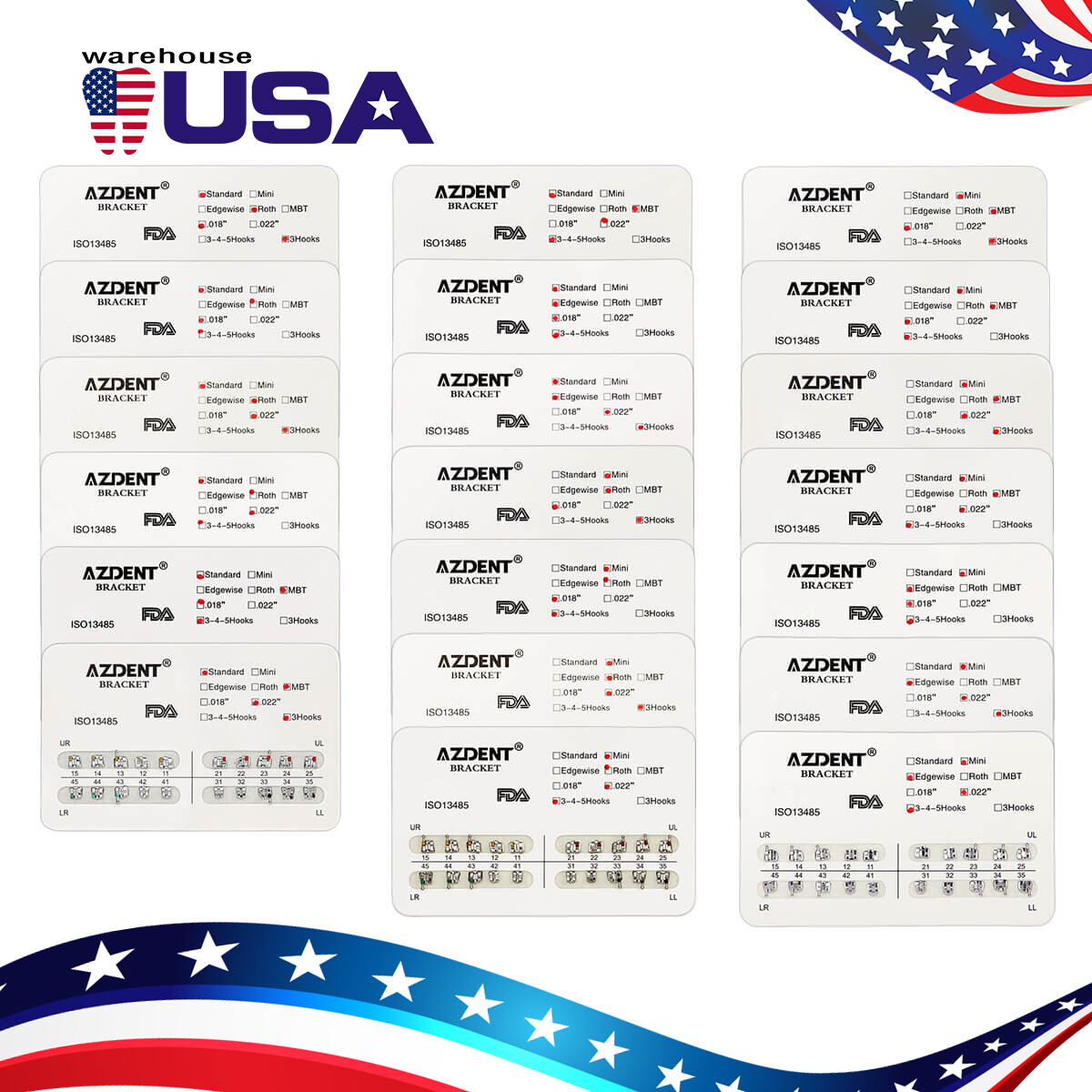 AZDENT Dental Ortodoncia Brackets Mini Standard Roth MBT 022/018 Hooks 3/345 USA