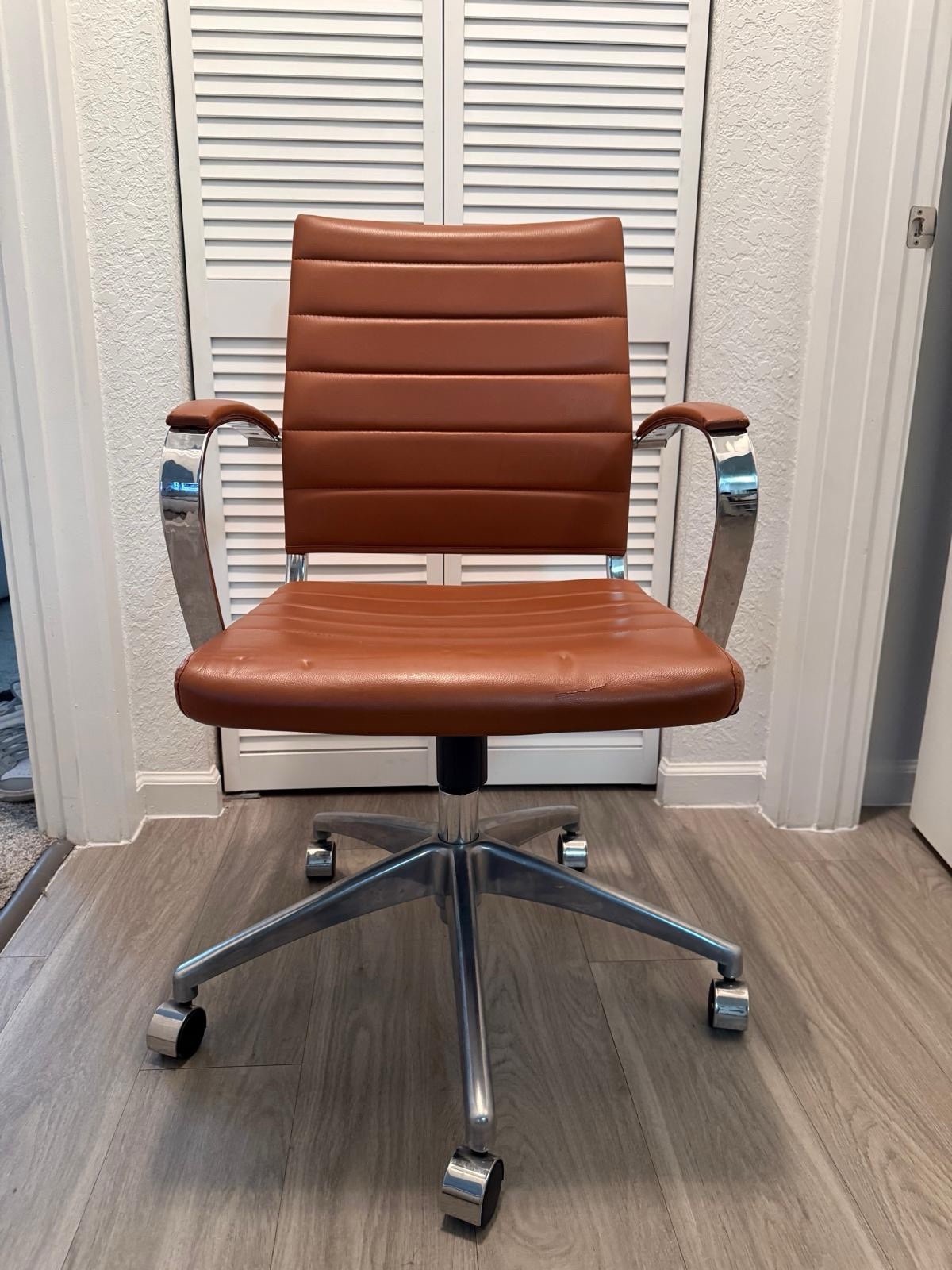 Brown Faux Leather Mid-Back Swivel Office Chair, Chrome Arms/Base, Casters