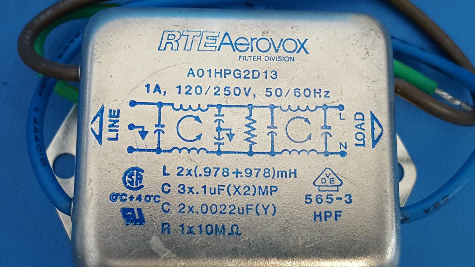 Aerovox A01HPG2D13 Passive Filter, Single Phase EMI Filter 120V/ 250V, 50Hz 1A