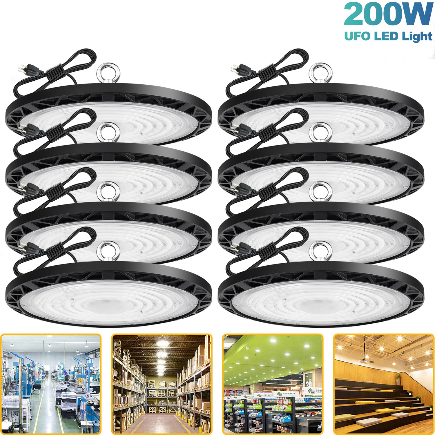 8Pcs 200W UFO Led High Bay Light Industrial Commercial Factory Warehouse 90-277V