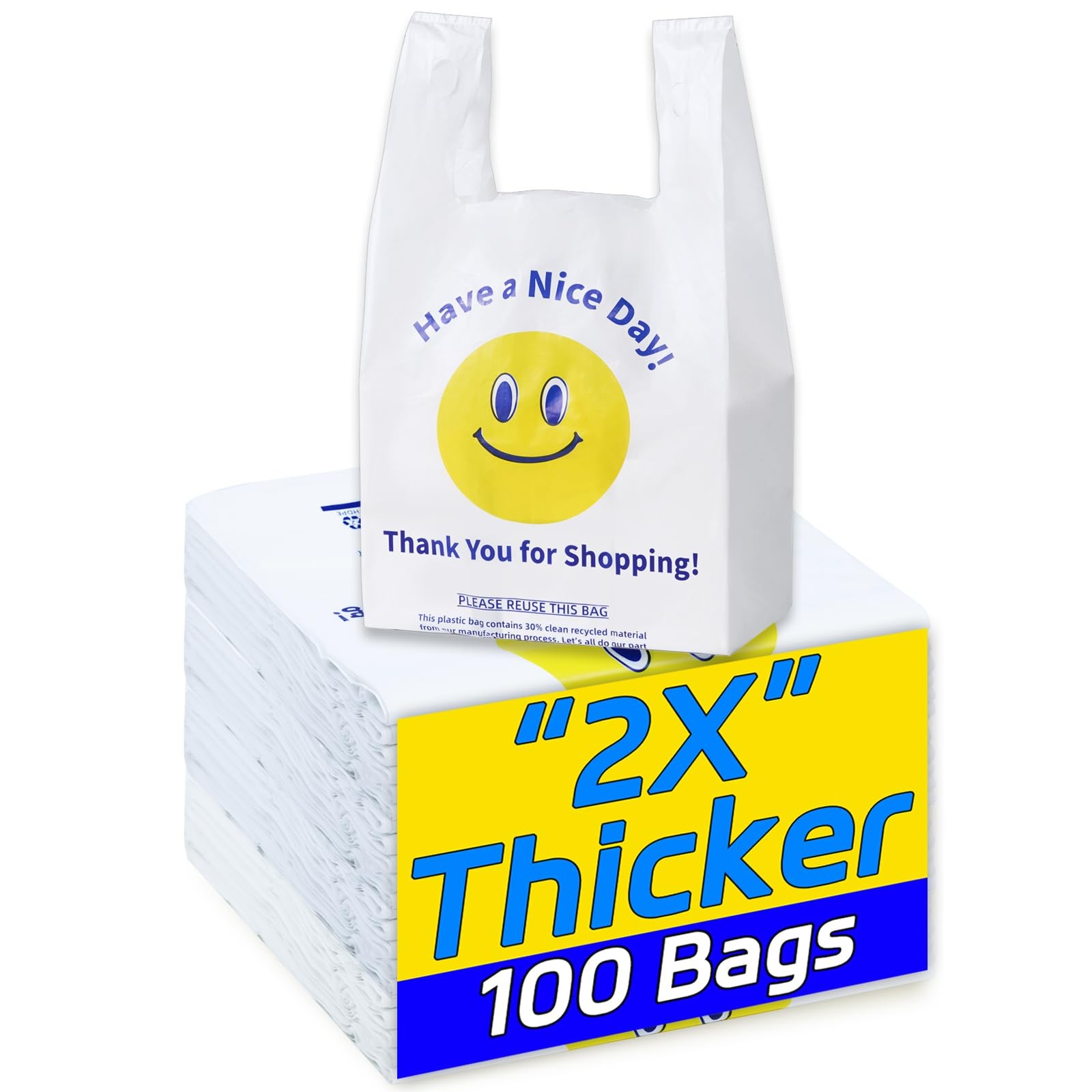 0.8Mil(20 Microns), 100 Count, Plastic Bags with Handles, T-Shirt bags, Thank Yo