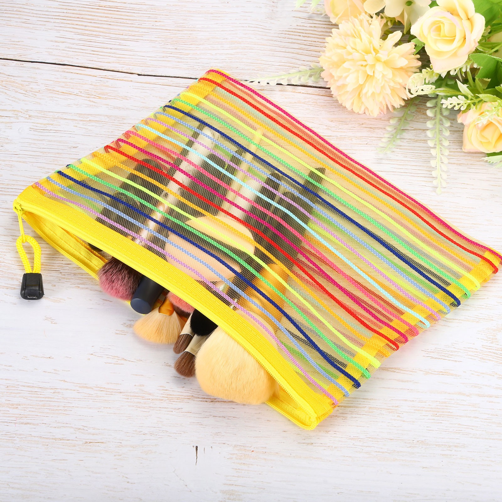 12Pcs Mesh Zipper Pouch, A5 Document Makeup Zipper Bag Travel Pouch, Yellow