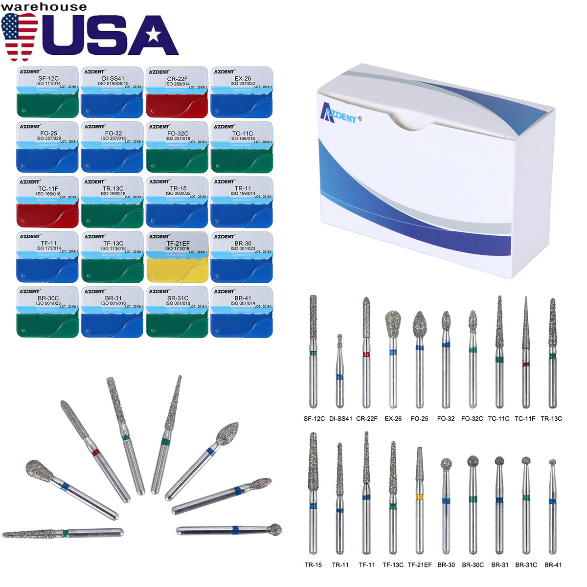 AZDENT 100pcs Dental Diamond Burs Drill For High Speed Handpiece Medium FG 1.6mm