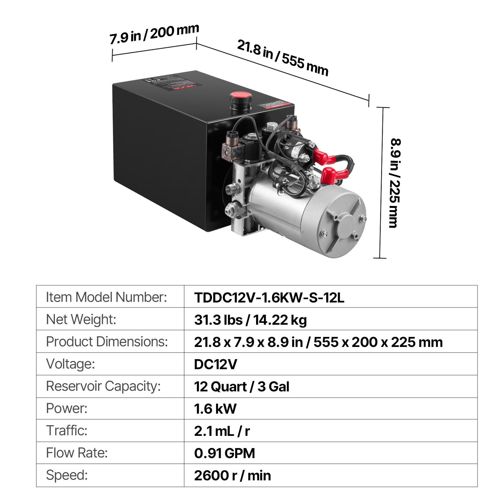 VEVOR 12 Quart Hydraulic Power Unit DC 12V Double Acting Hydraulic Pump