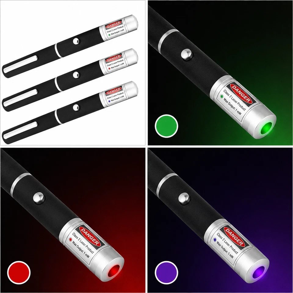 Class II Presentation Laser Pointer Pens Red Green Violet 1mW AAA 3-Pack