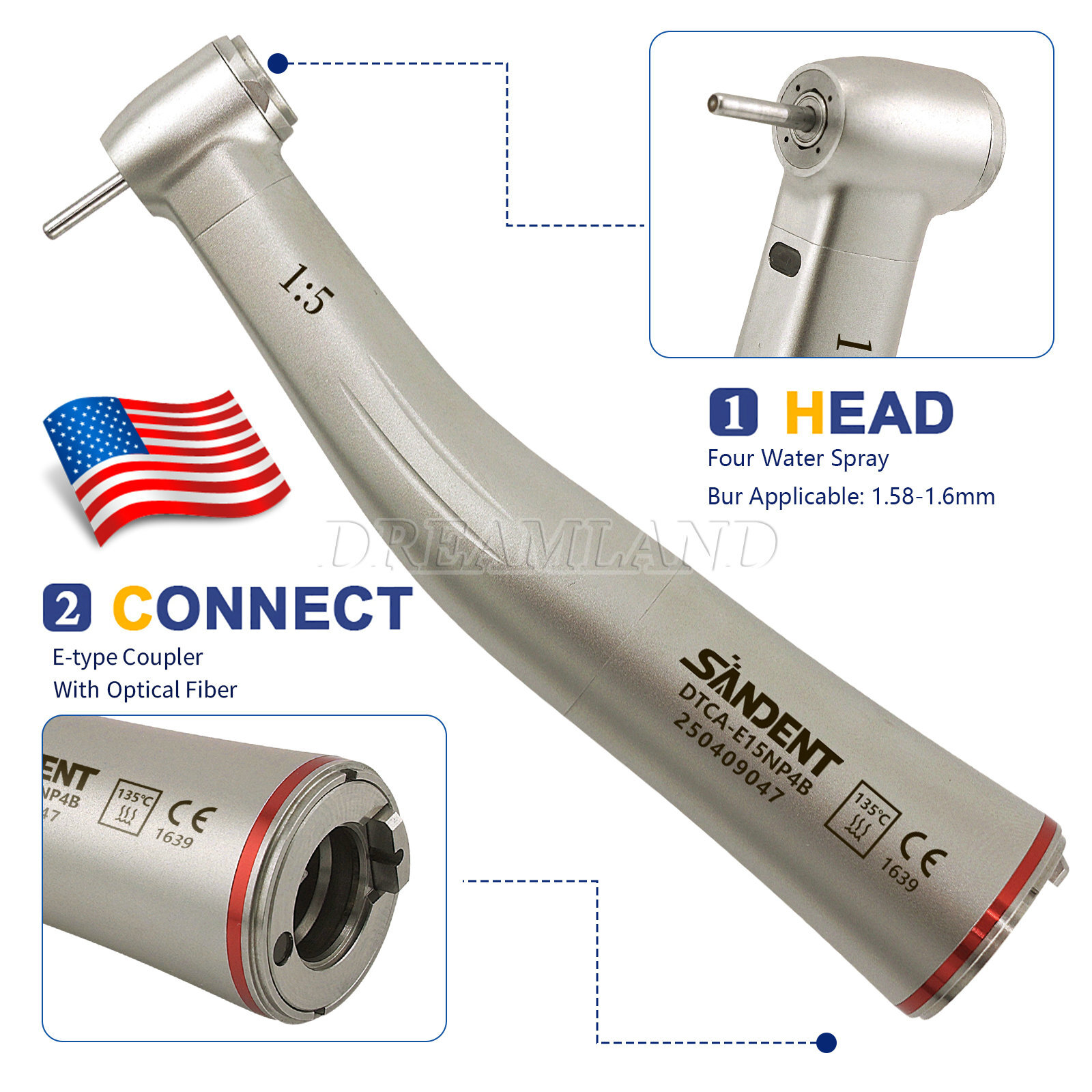 SANDENT Dental Electric Handpiece 1:5 Fiber Optic Contra Angle Standard E Type