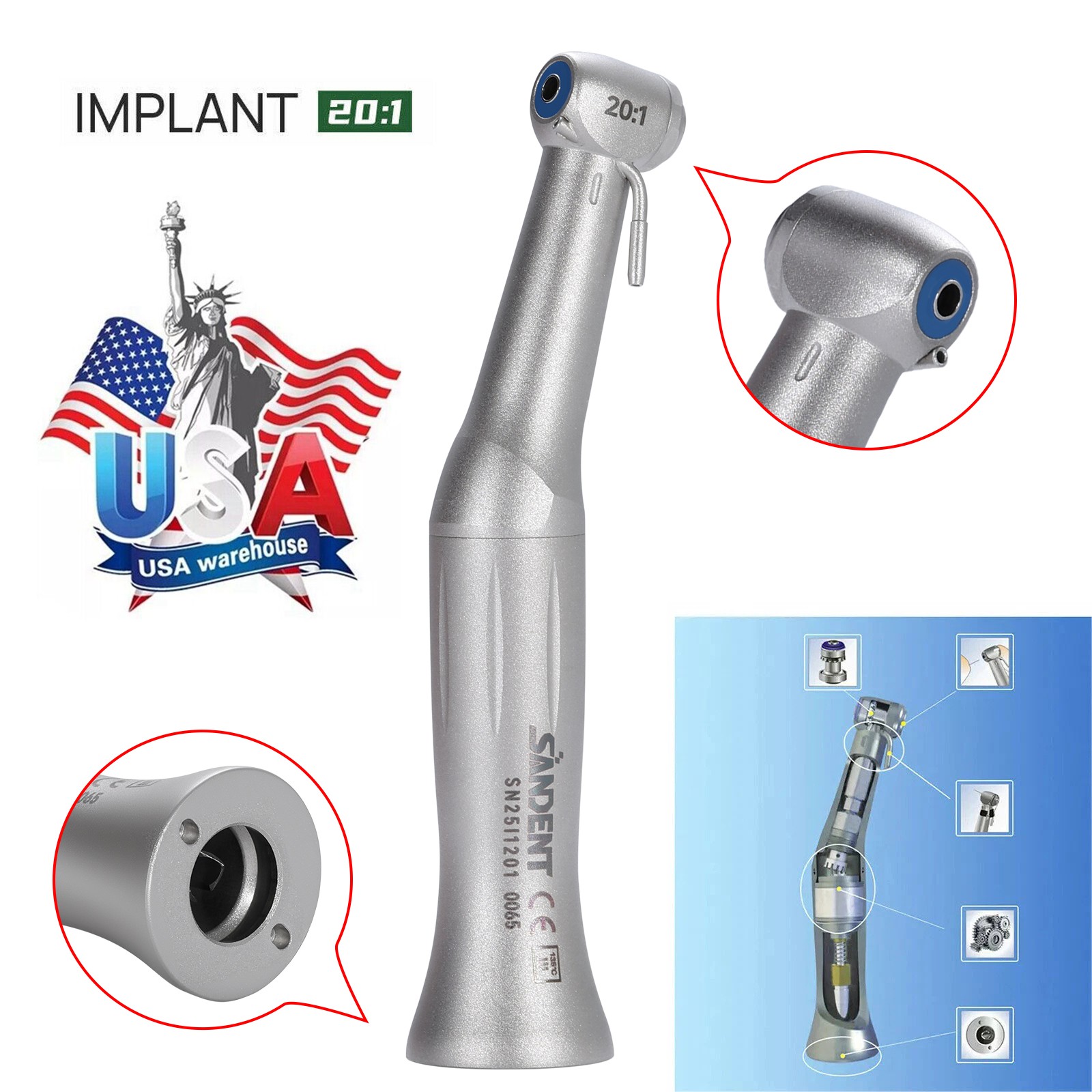 NSK Style SG20 Dental Implant 20:1 Reduction Contra Angle Handpiece Push Button