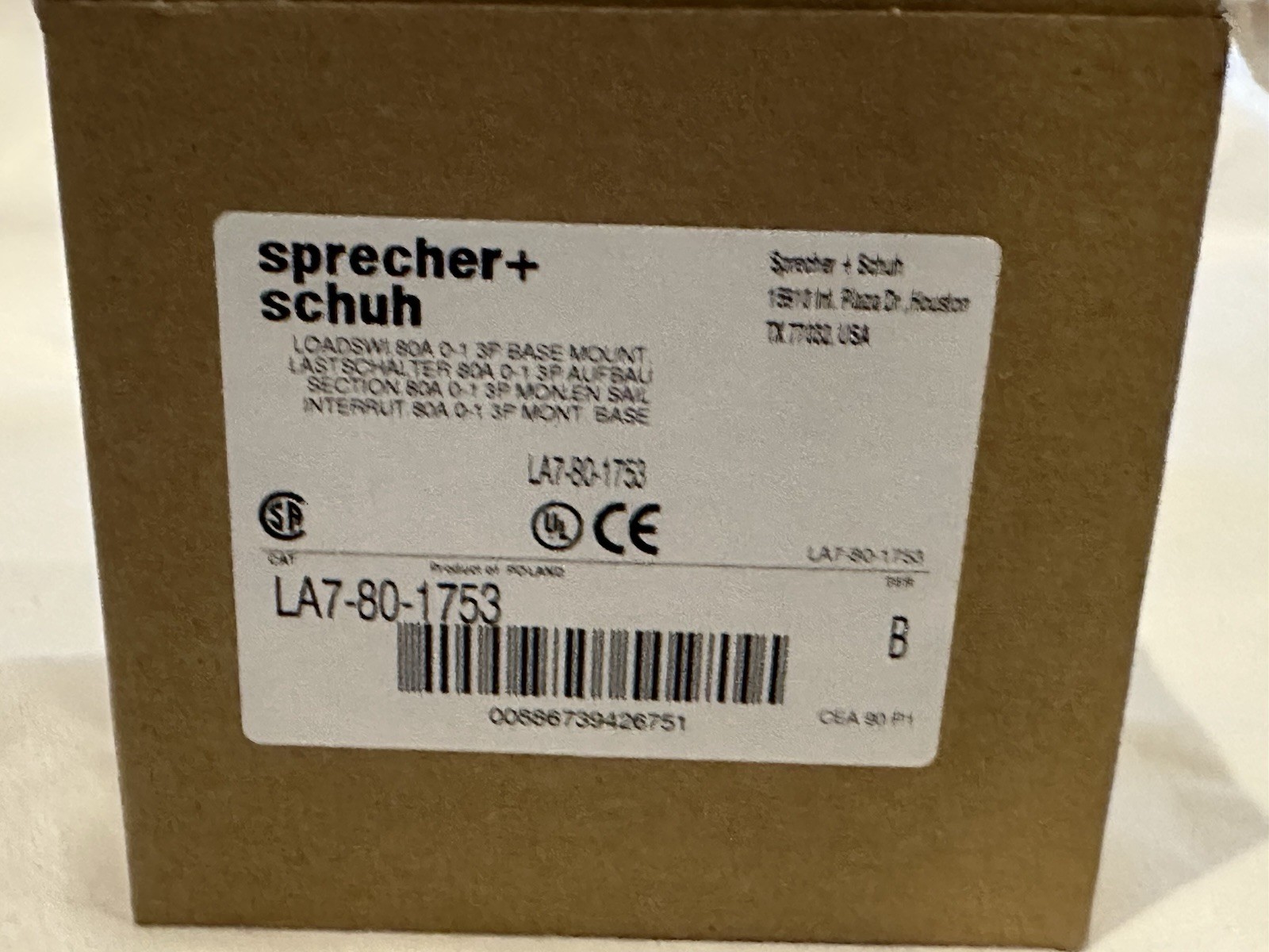 * NEW * Sprecher + Schuh – LA7-80-1753 80A Base Mount Load Break Switch Gray