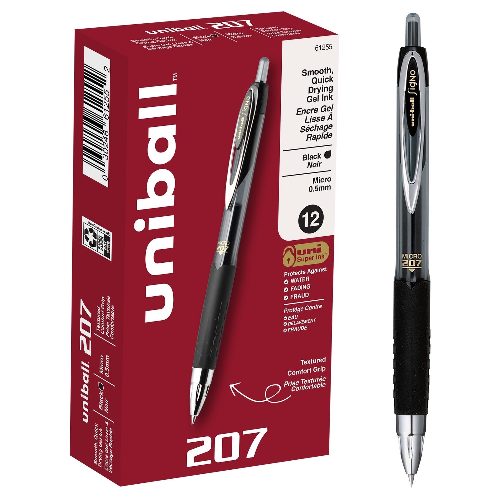 12 Uni-ball 207 Retractable Fraud Prevention Gel Pen Micro BLACK INK 0.5 61255