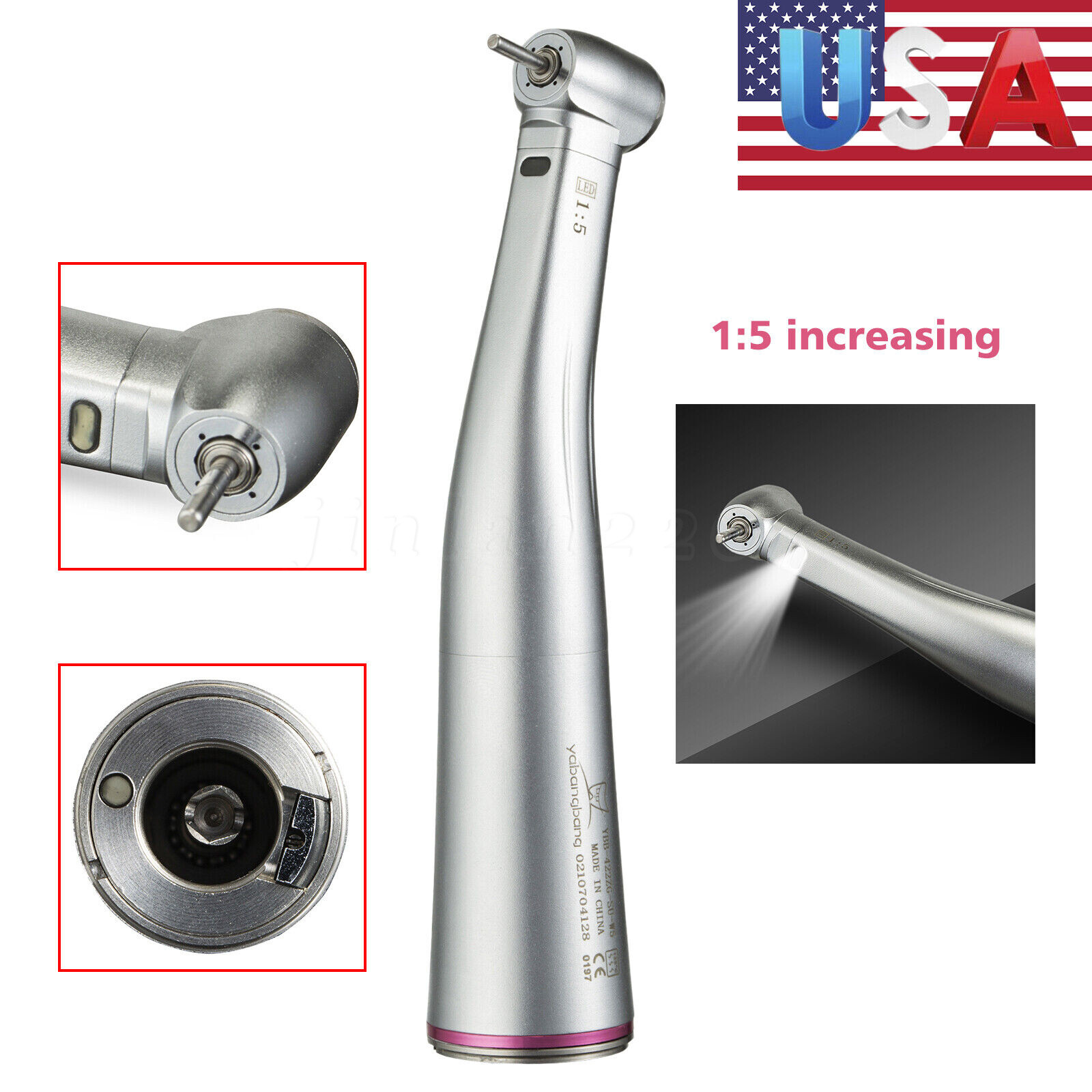 YBB Dental 1:5 Increasing Contra Angle Optic LED Handpiece Fit Electric Motor