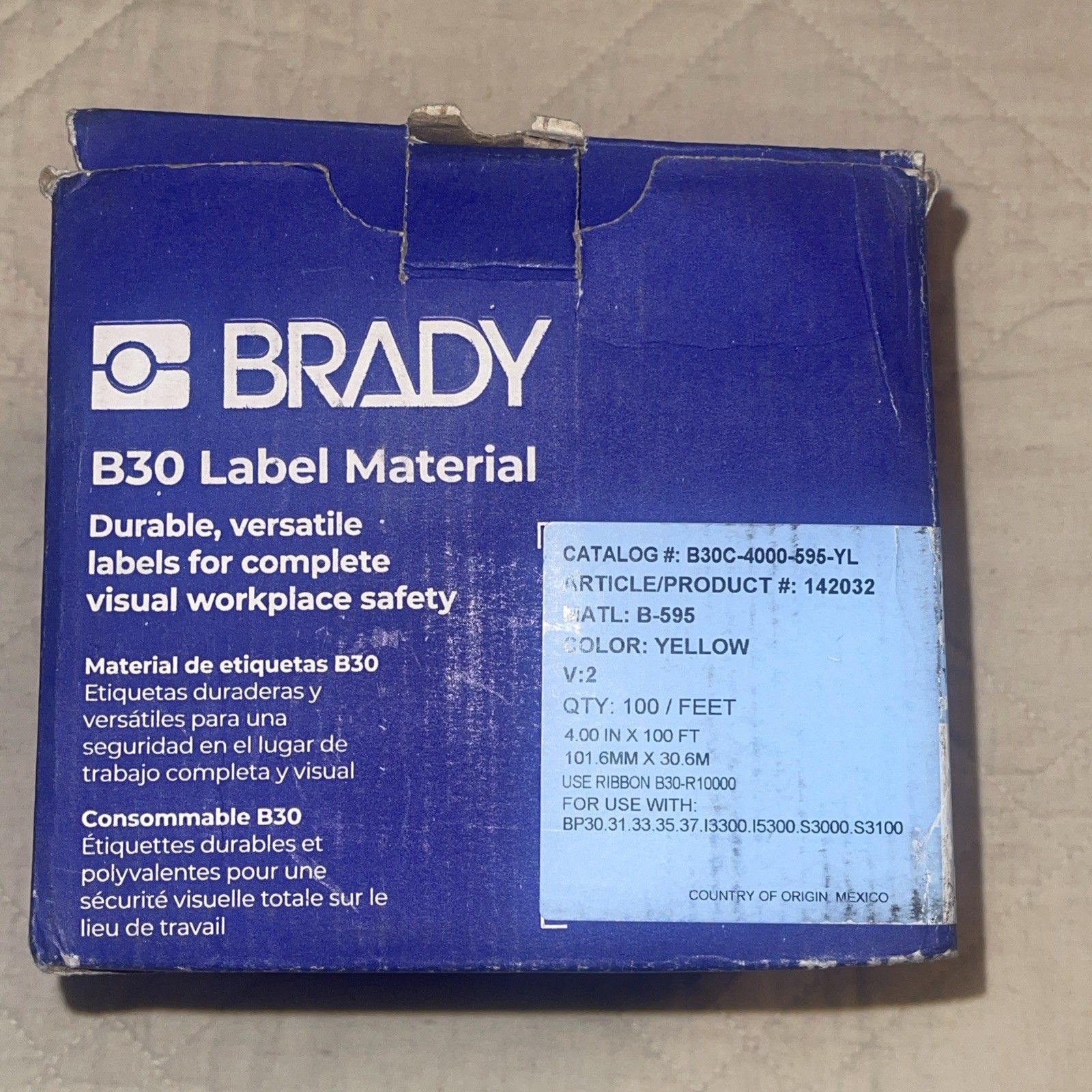 Brady B30C-4000-595-YL Yellow High Adhesion Vinyl Label Tape 4in x 100ft NEW