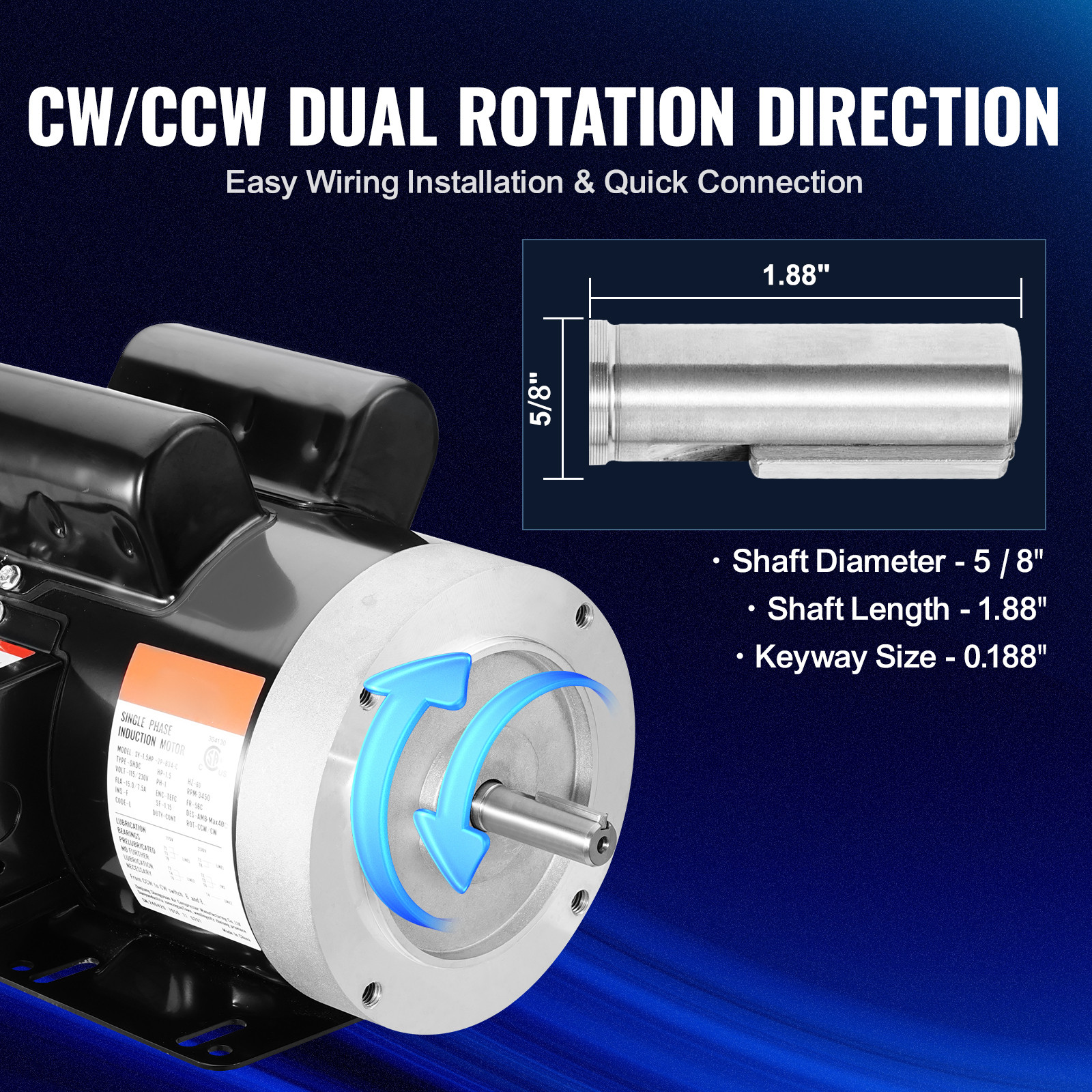 VEVOR 1.5HP Electric Motor 3450RPM 56C Frame 1-Phase 5/8″ Keyed Shaft 115V/230V