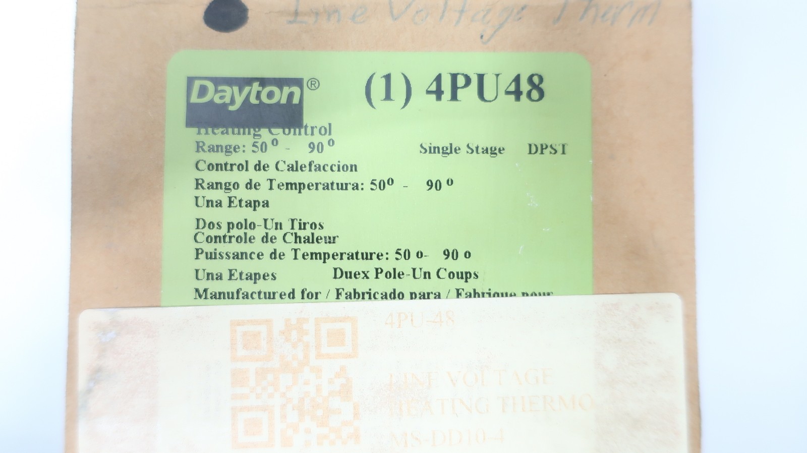 Dayton 4PU48 Heating Control Thermostat 120/277v-ac 50-90f