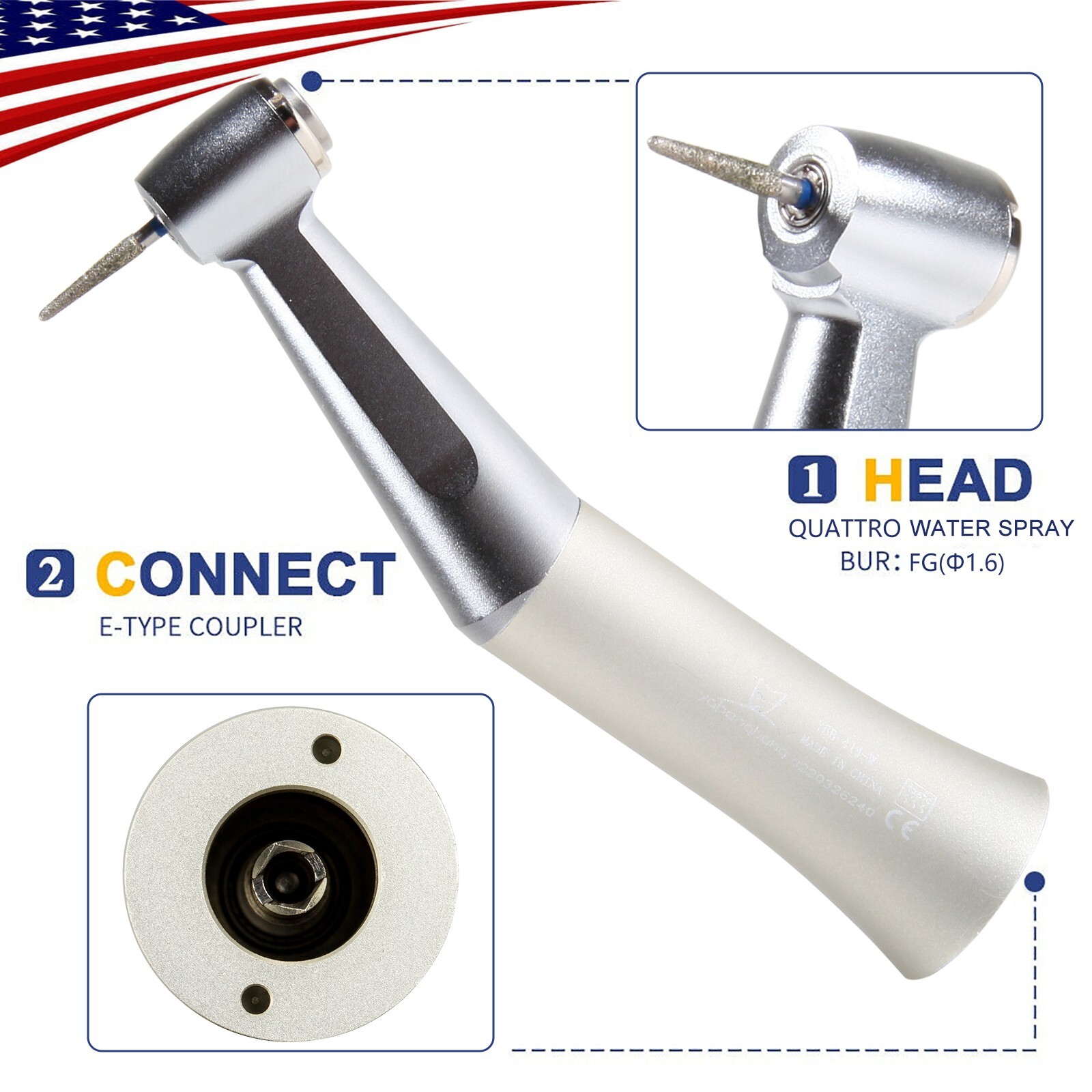 Dental Low Speed Handpiece Push Button Fit FG 1.6mm Burs Contra Angle