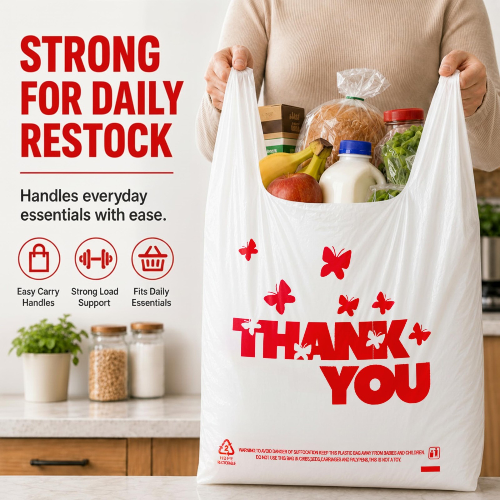 YoYoRain 1000 Pack White Thank You T-Shirt Bags with Handles, 11″x6″x21″ Dura…