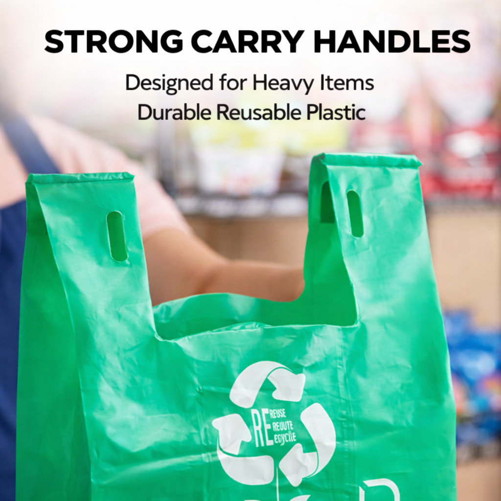 Reusable Grocery Bags 2.25 Mil Heavy Duty Green T-Shirt Bags 1/6 Size Bulk