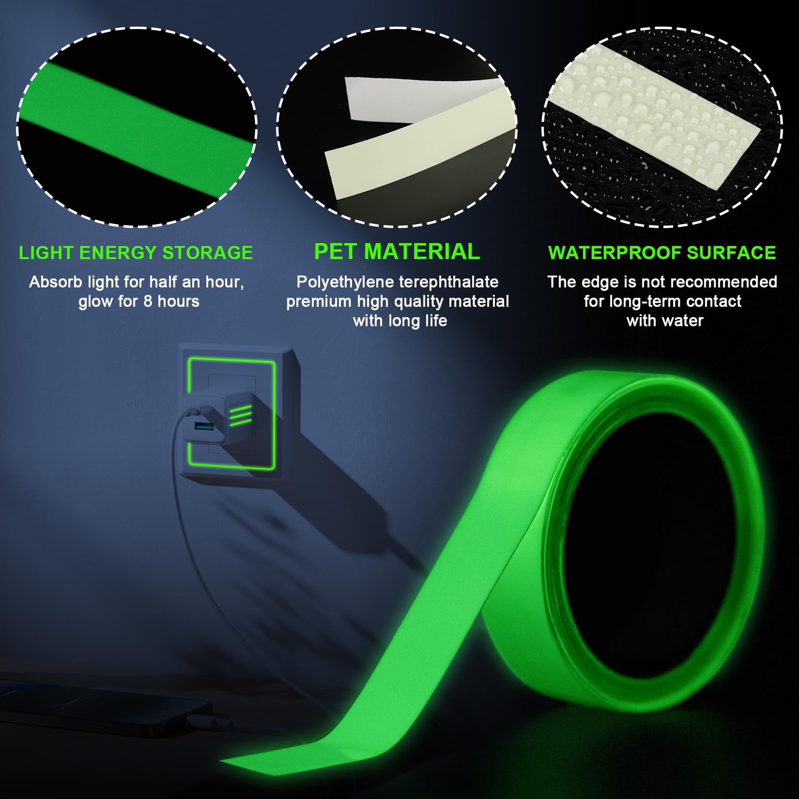 Green Glow in The Dark Tape, 6-8H Long Lasting Fluorescent 0.5″ x 10FT,