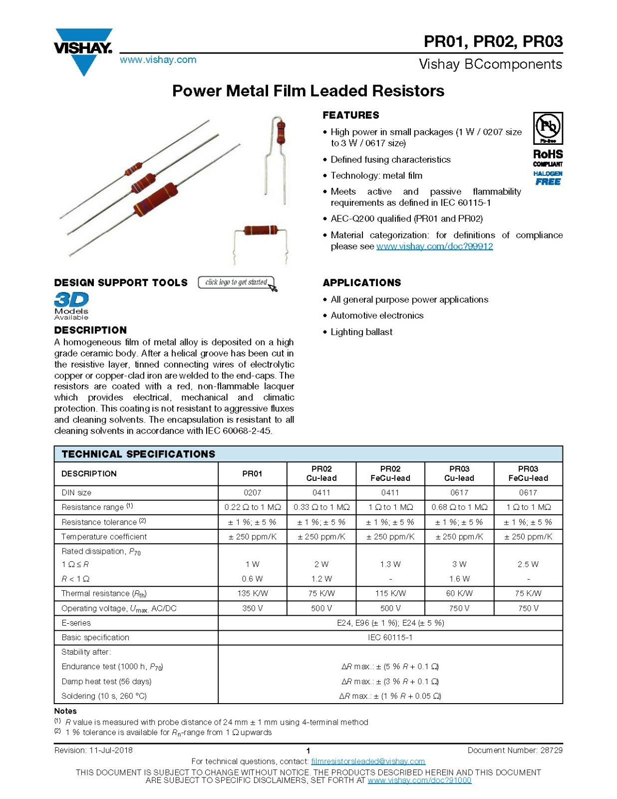 4pcs – Vishay BC PR03 3W 750V 5% Power Metal Film Resistor