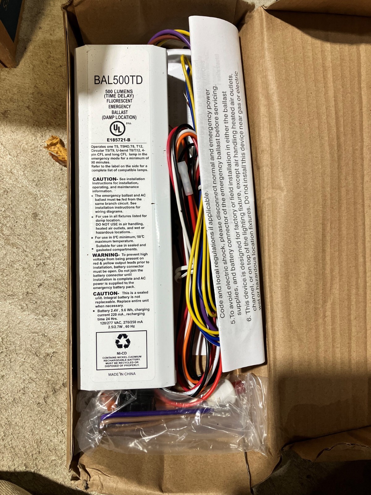 Fluorescent Emergency Ballast 500 Lumens BAL500TD 120/277V NiCd Damp Location