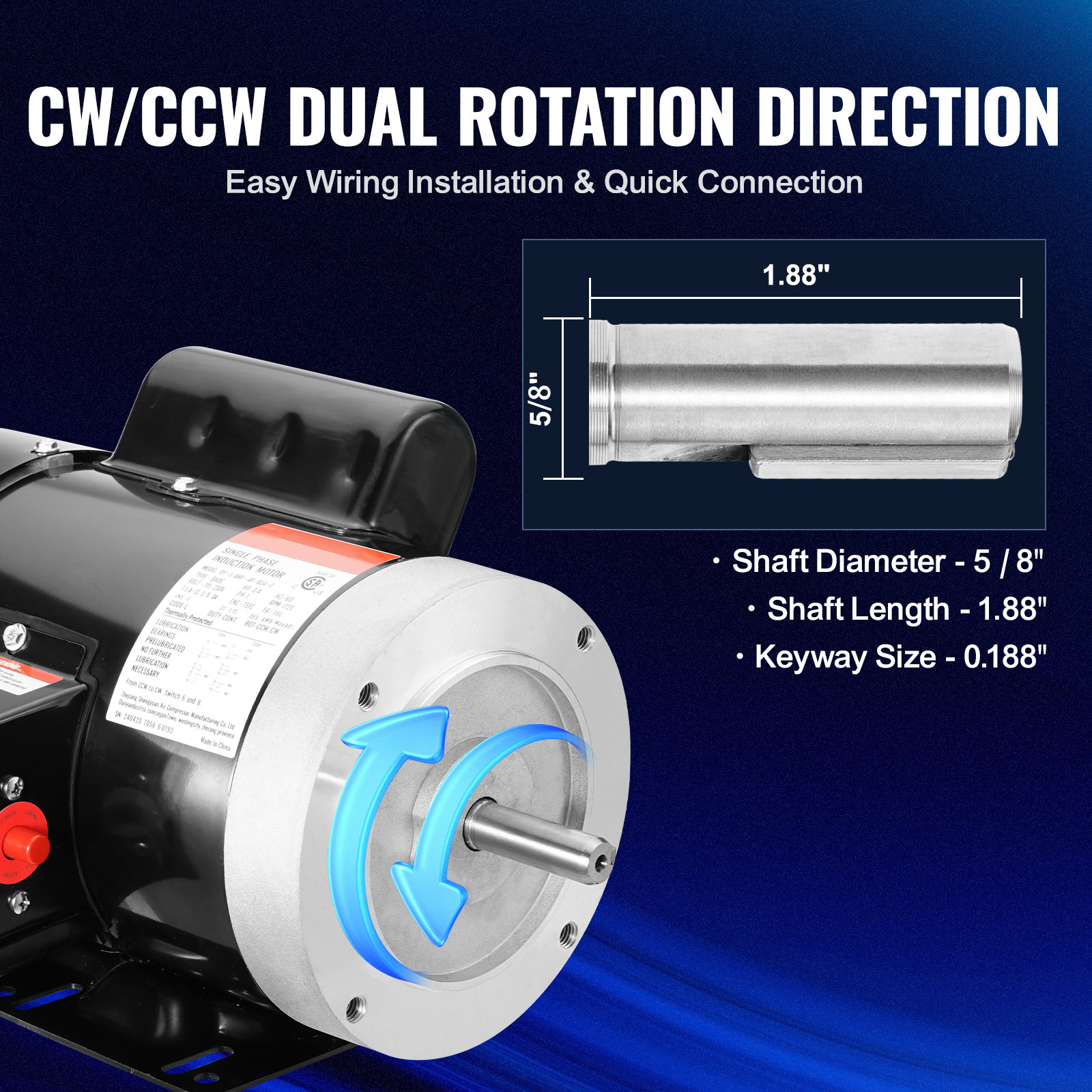 VEVOR 3/4 HP Electric Motor 1725RPM AC115/230V 56C Frame 1-Phase 5/8″ Key Shaft