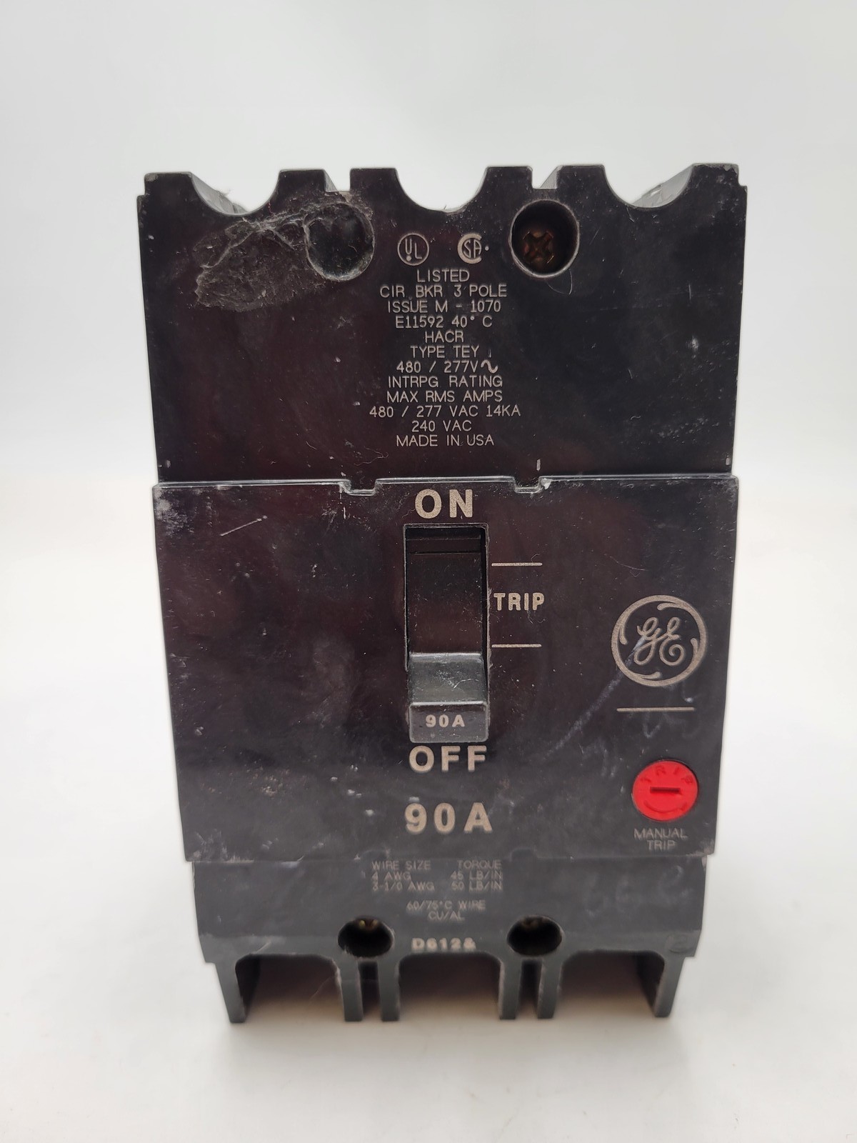 General Electric TEY390 Bolt-On Circuit Breaker 90A 3P 3PH 480/277V Type TEY