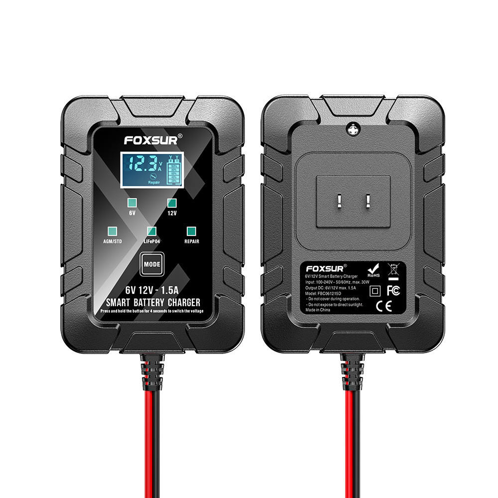 FOXSUR 1.5A 6V/12V Battery Charger Maintainer for Car Motorcycle AGM