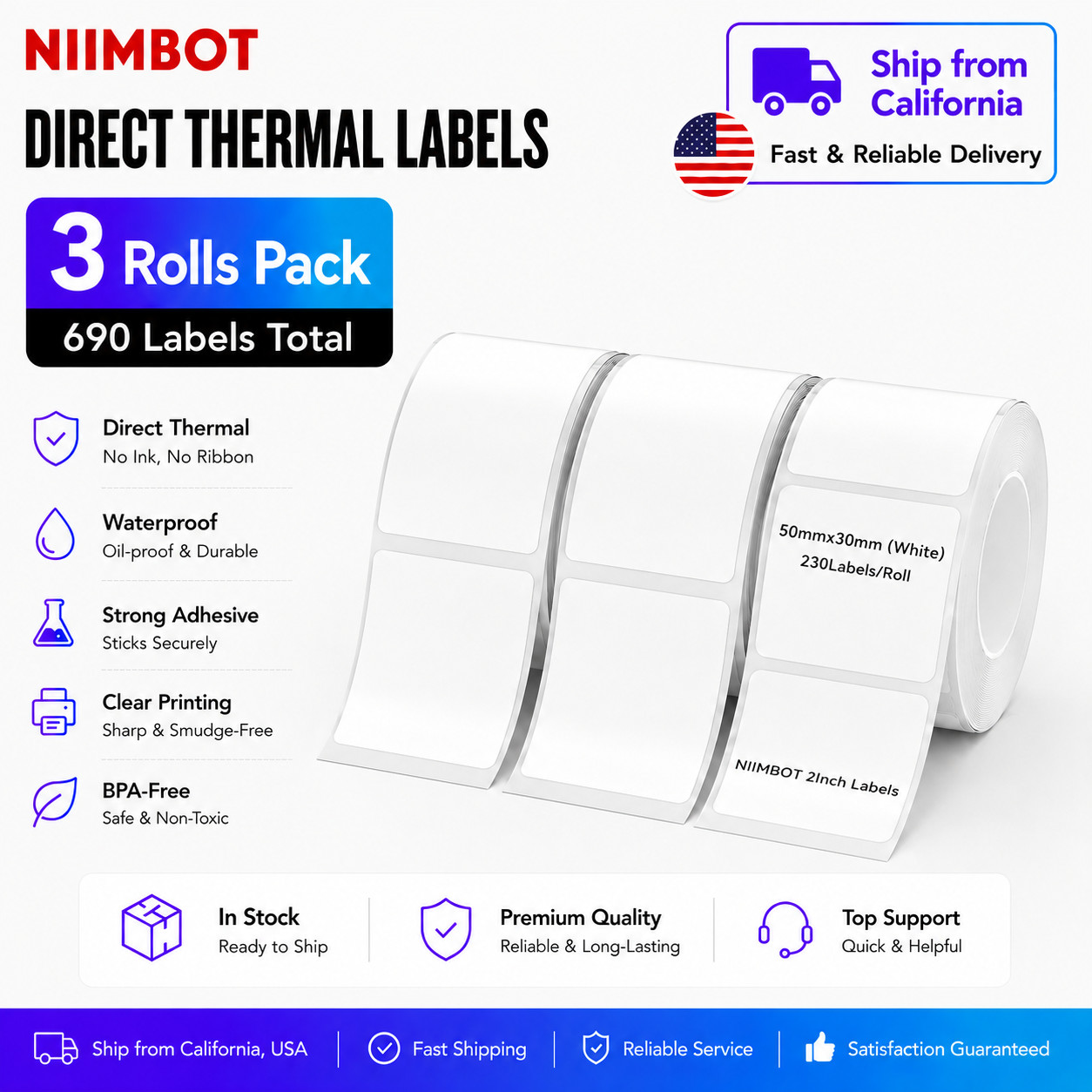 3PK NIIMBOT Label Maker Tape 50x30mm(1.97″ x 1.18″) Waterproof Stickerfor B1 B21