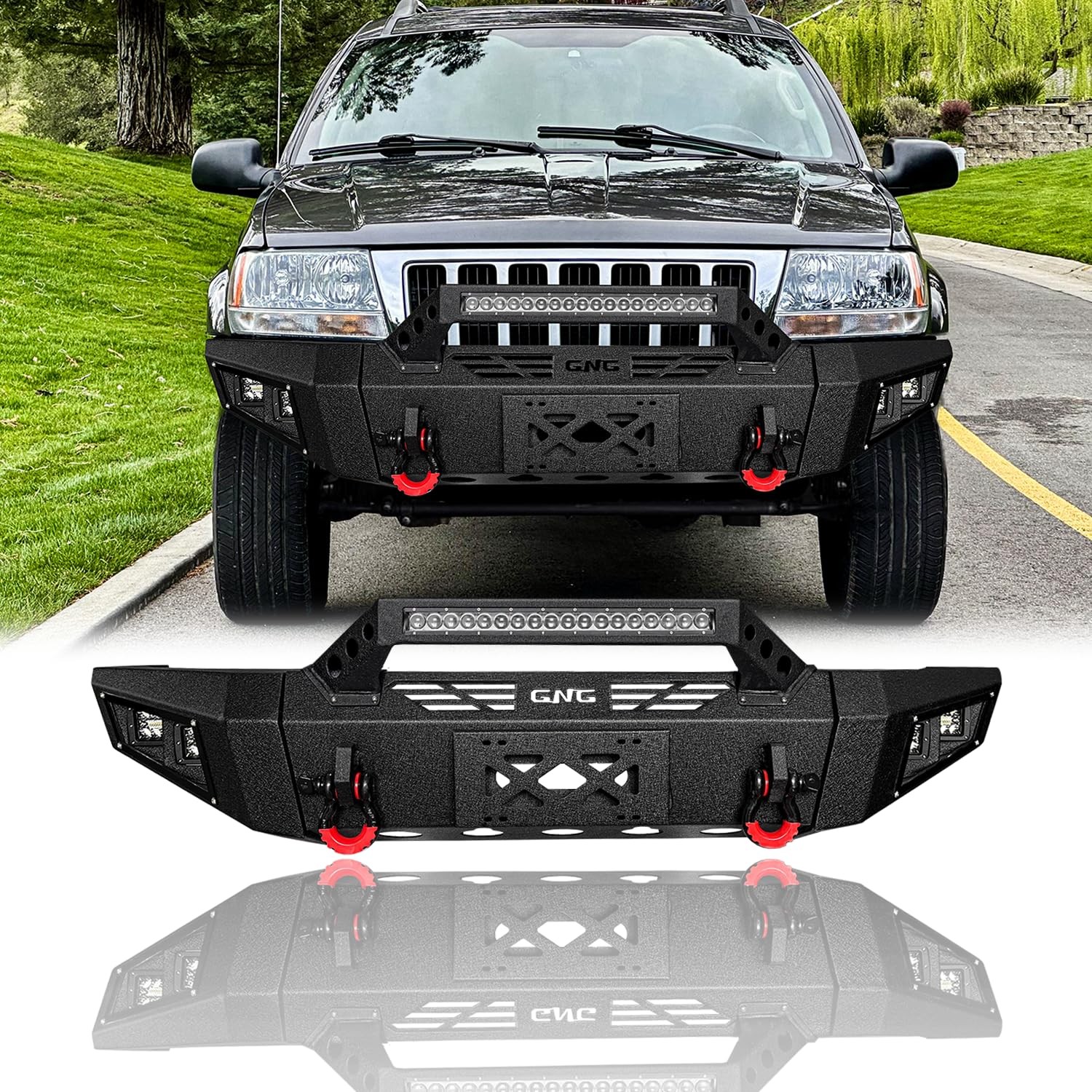 Front Bumper 1999-2004 Grand Cherokee WJ Steel Winch Plate Lights D-Rings Black