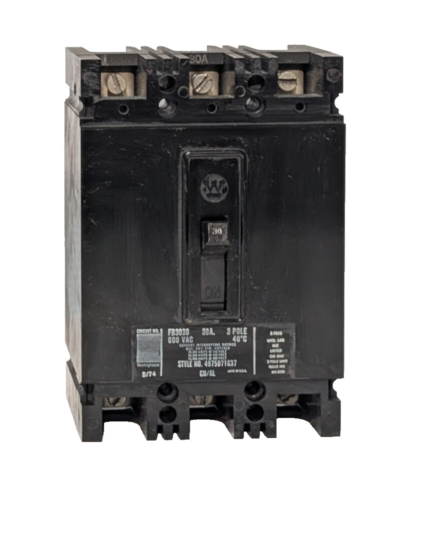Westinghouse FB3030, 4975D71G37, 30A Circuit Breaker, 3-Pole 600VAC, Made in USA