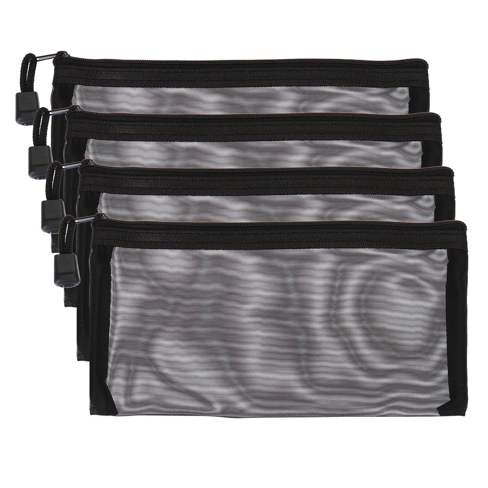 4Pcs, Mesh Zipper Bags A6 Travel Cases Nylon Makeup Pouches Black