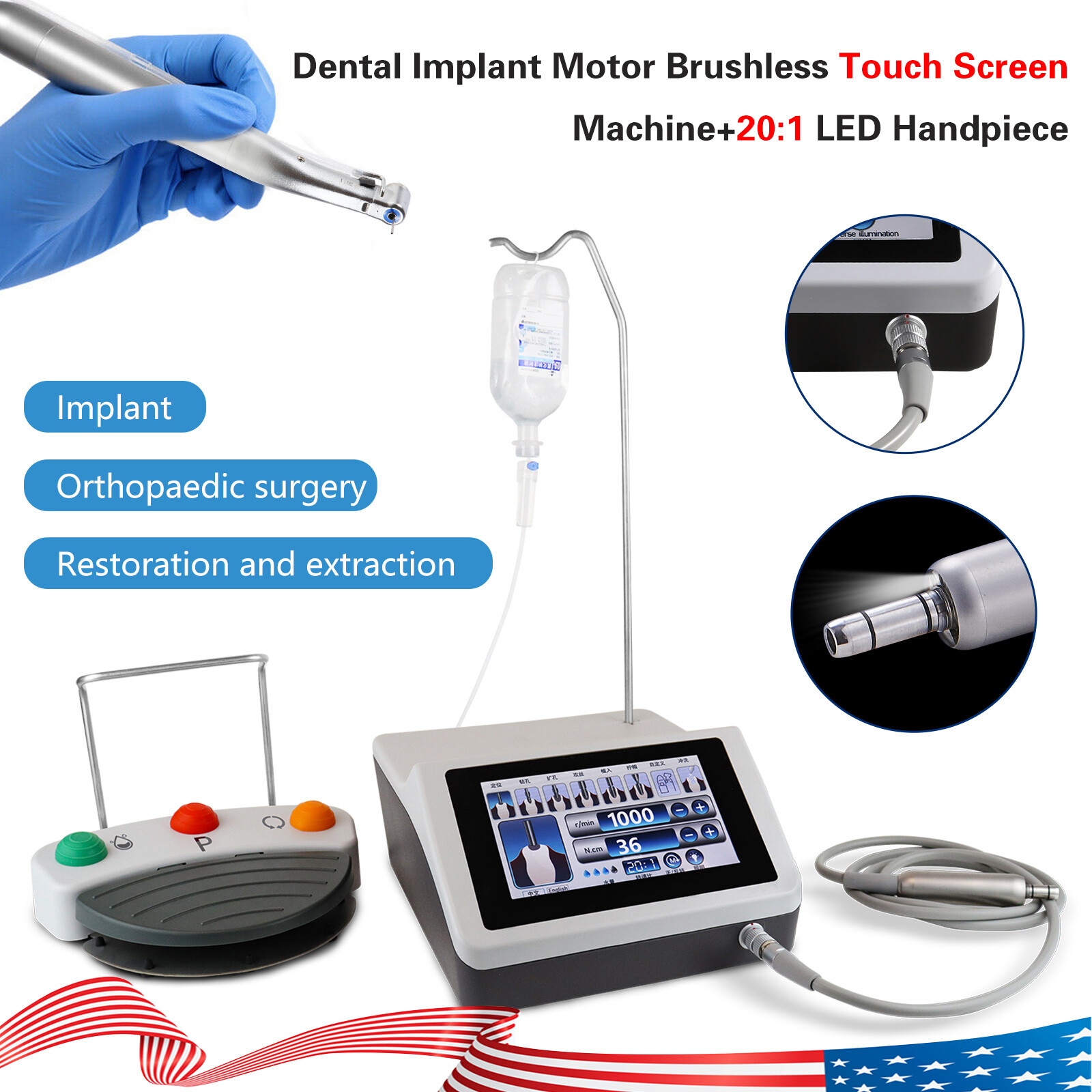 Dental Implant Motor Surgical System LED Screen + Contra Angle Handpiece Fit NSK