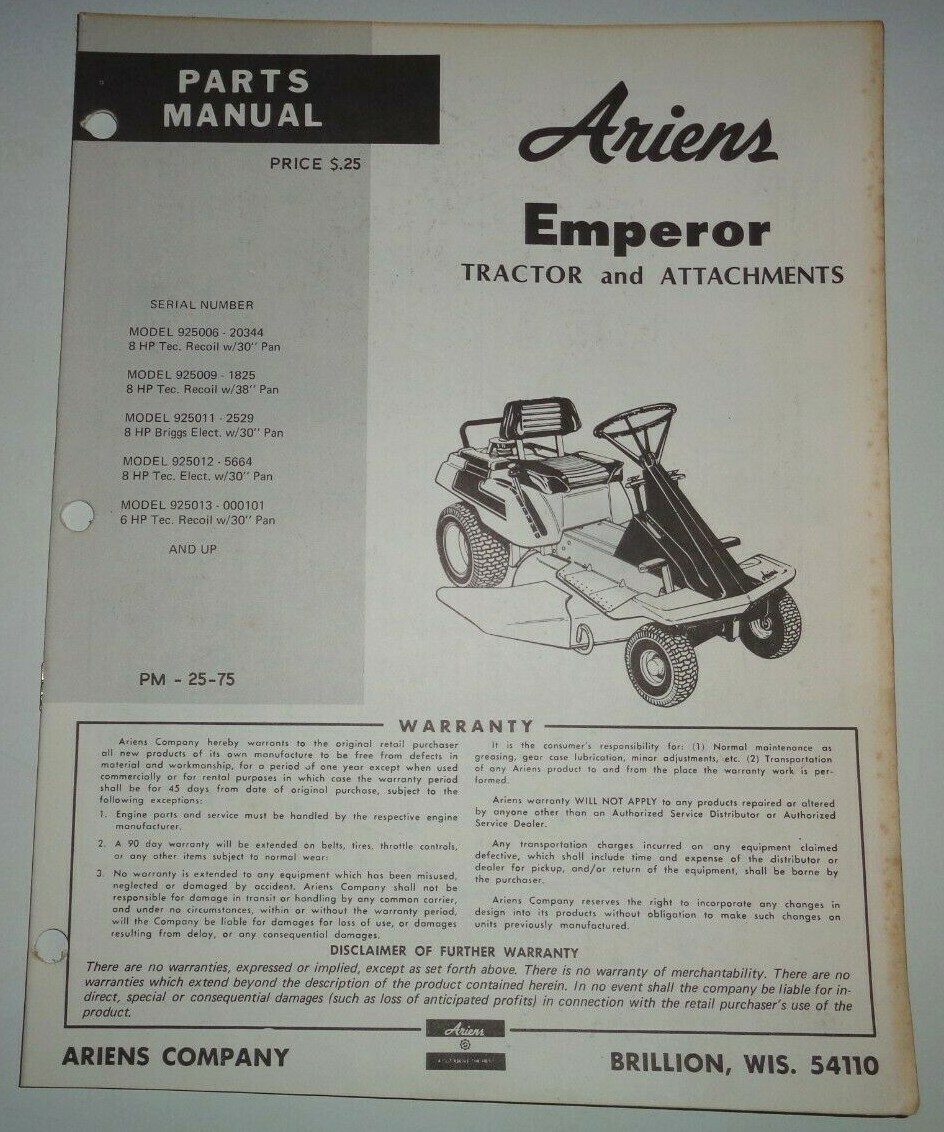 Ariens 6&8 H.P. Emperor Riding Mower Tractor Parts Catalog Manual Original 1975