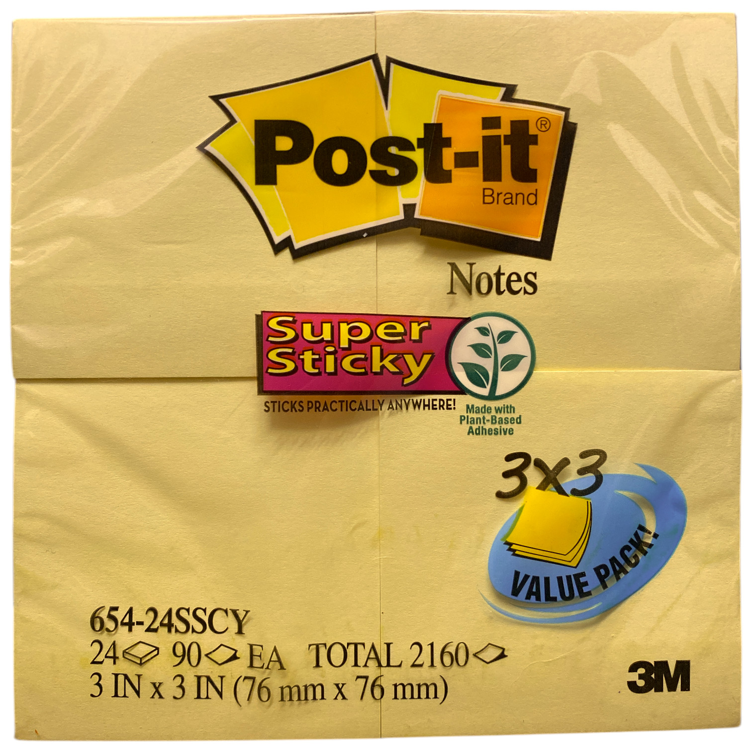 Post-it Notes Super Sticky Pads, 3″ x 3″, Canary Yellow, 24 Pads, 2,160 Sheets