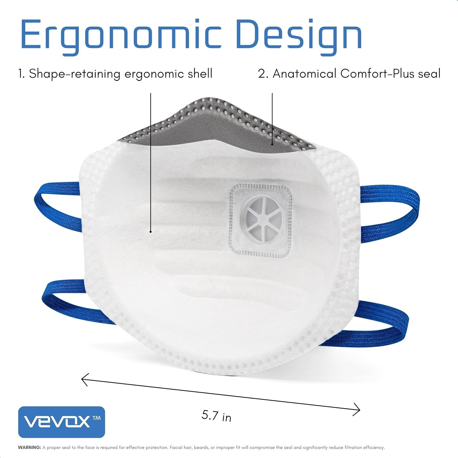 VEVOX N95 Mask NIOSH Approved 10 Pack Valved Particulate Respirator
