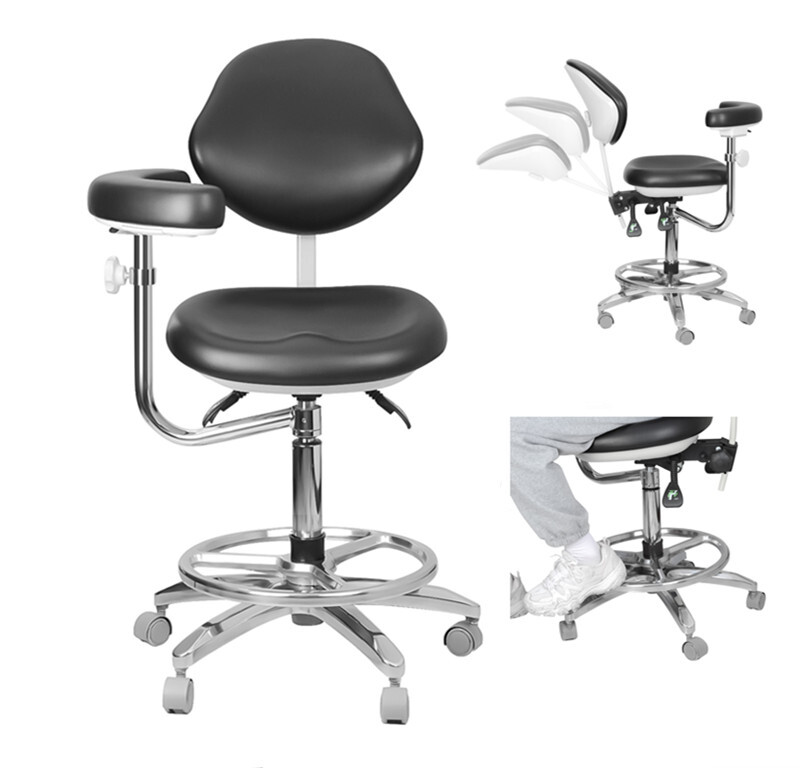 Adjustable Dental Chair Doctor Assistant Chair 360° Armrest Footrest PU Black US