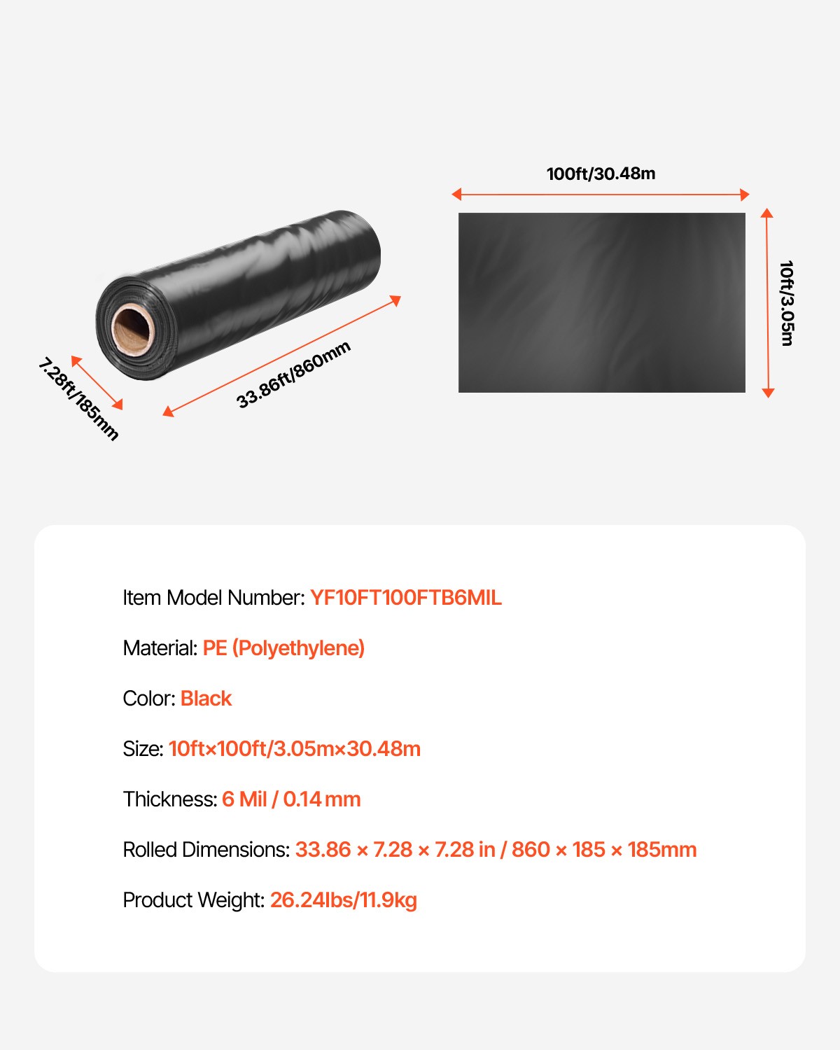 6Mil Plastic Sheeting Roll 10 x 100 FT Heavy Duty Polyethylene Black