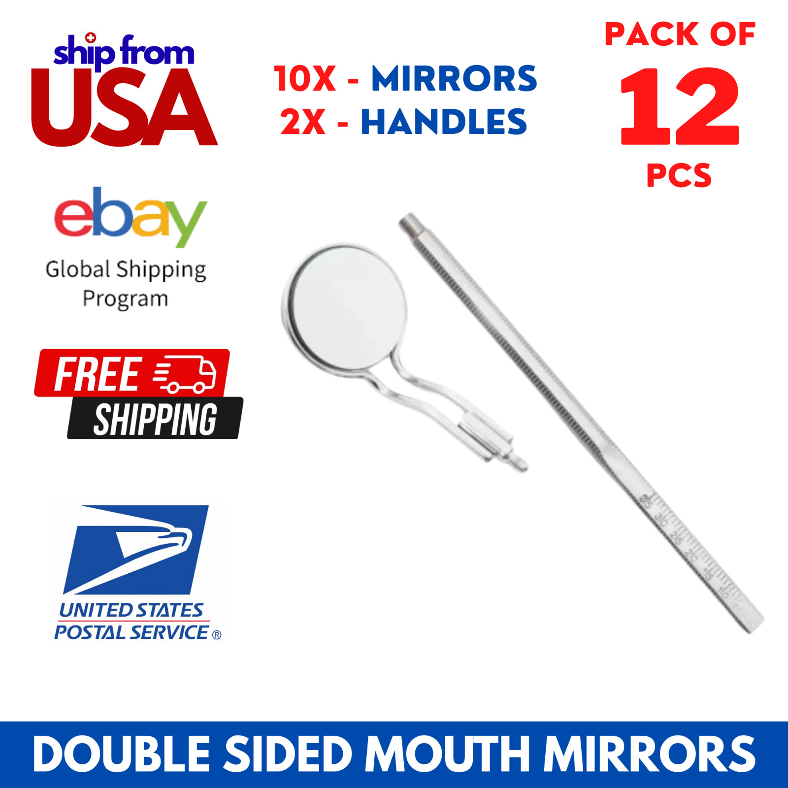10x Mouth Mirrors Double Sided Front Surface No. 5 With 2x Scale Handles Dental