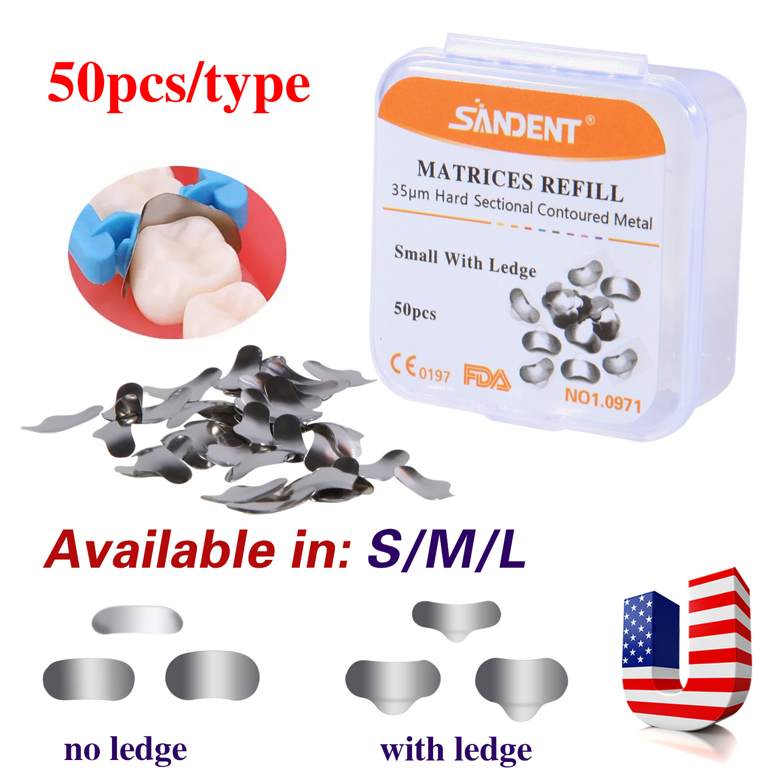 50 Pcs Dental Matrix Sectional Contoured Metal Matrices Bands S/M/L Sizes 35μm